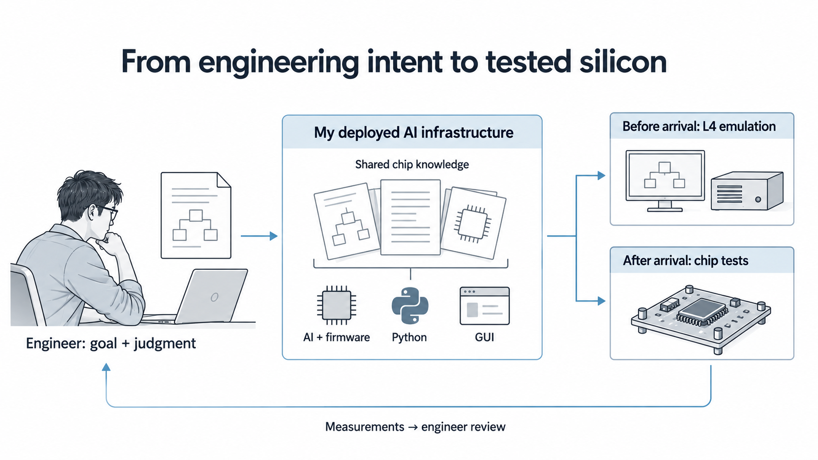 AI-generated architecture illustration: engineering intent and shared chip knowledge feed a reusable firmware, Python and GUI toolchain, connected to pre-silicon emulation and real-chip tests, with measurements returned to the engineer.