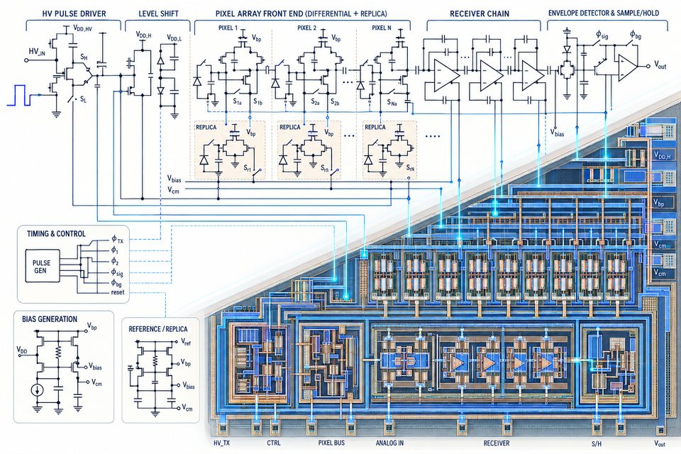 AI-generated design visualization inspired by ultrasonic analog circuits: a dense multi-stage schematic flows into a symmetric routed IC layout.