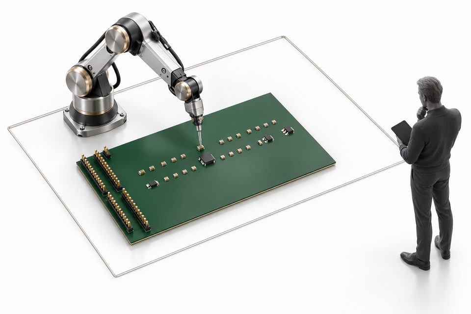 Concept illustration: a precision robot arm works inside a fine rectangular boundary while a responsible engineer stands outside with a tablet.