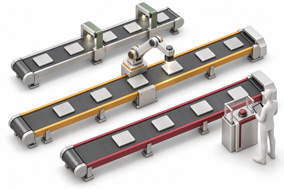 Concept illustration: three parallel workflow lanes use automatic portals, a robot reviewer, and a human release control.