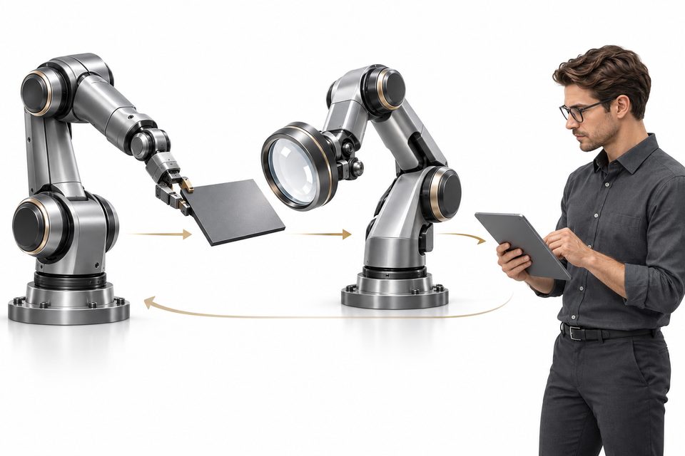 Concept illustration: a producer robot arm passes a blank design tile to an independent inspection arm, then to an engineer, with a return path for corrections.