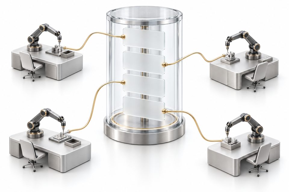 Concept illustration: four separate precision robot workstations connect to blank cards in one shared glass evidence archive.