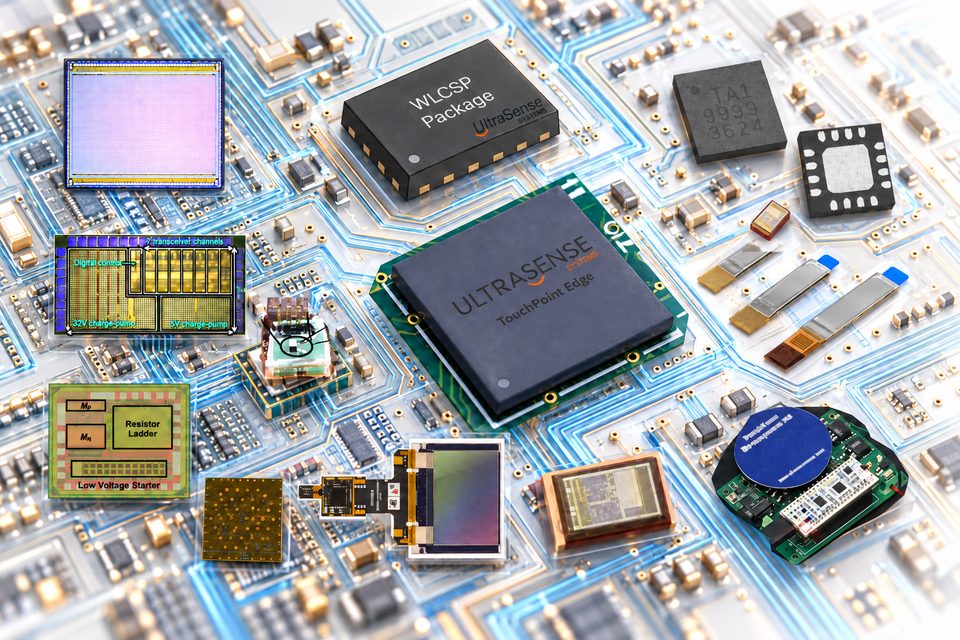 An integrated AI-generated scene using the founder’s UltraSense ASIC packages, sensor modules and research die imagery, with coherent lighting and dense mixed-signal routing.