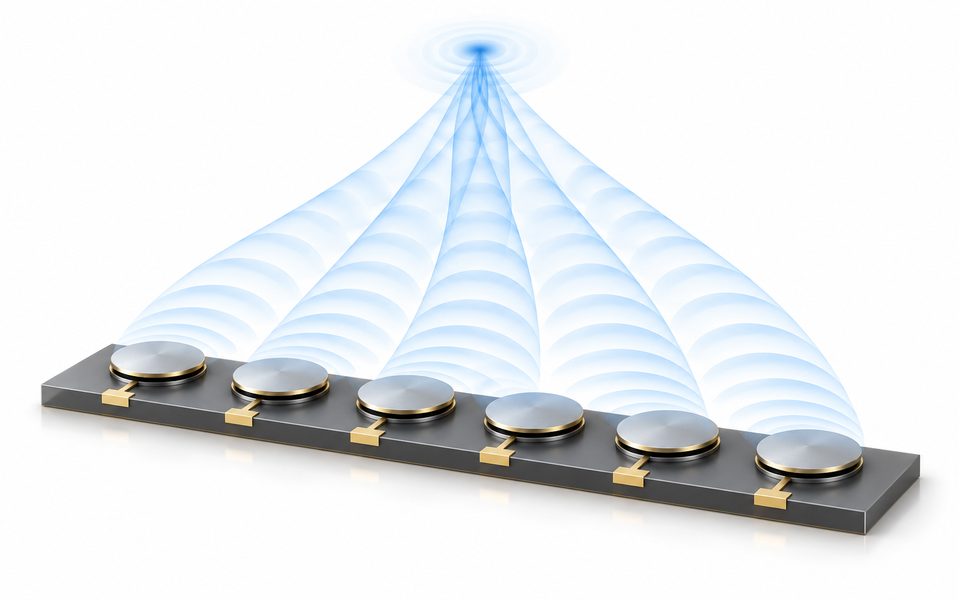 Conceptual illustration of timed ultrasonic elements focusing their acoustic transmission above a linear array.