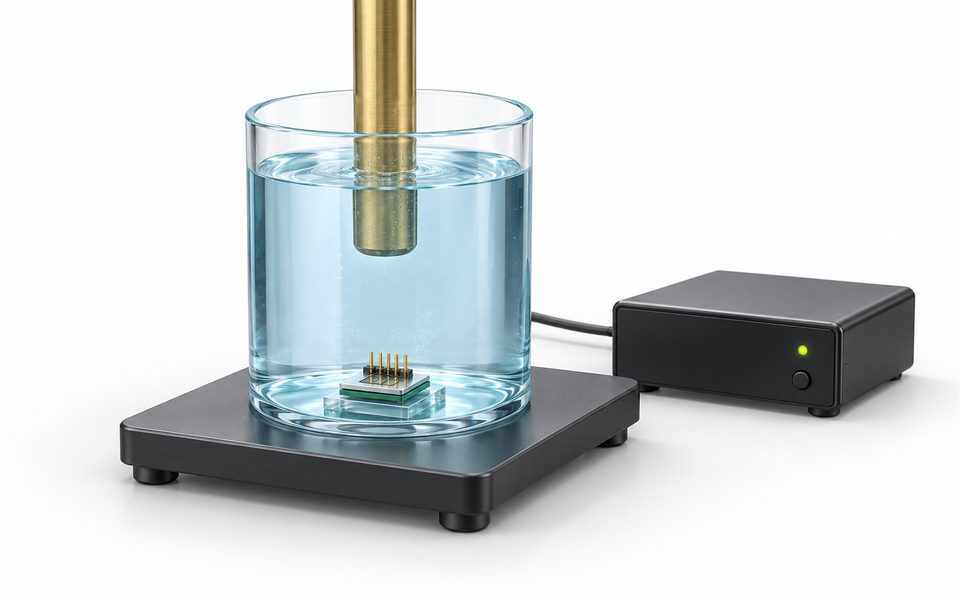 Schematic illustration of a hydrophone immersed in water above an ultrasonic array, with a separate readout module.