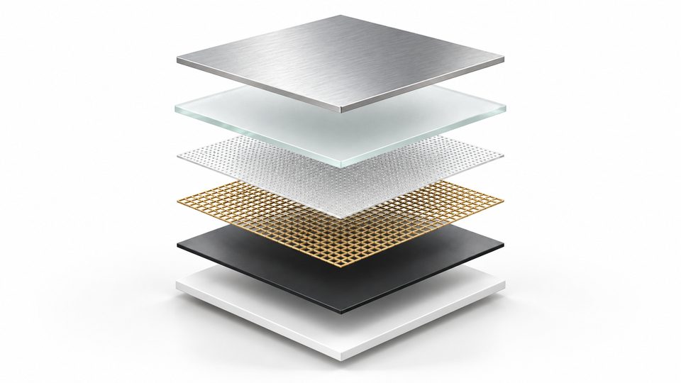 Six thin square layers floating apart above a white surface -- brushed metal, frosted glass, a dotted membrane, a gold lattice, a dark plate, and a white base.