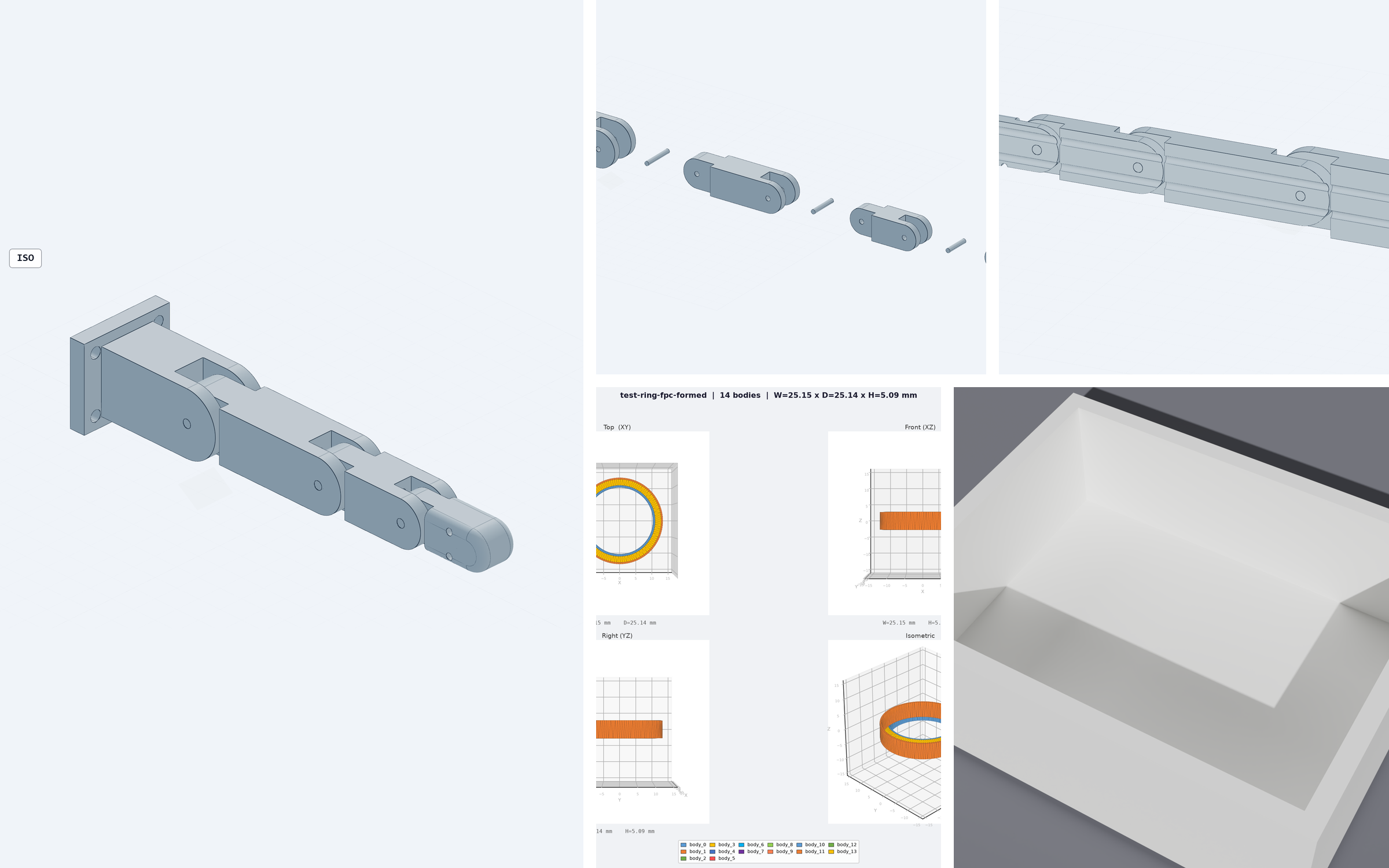A mosaic of parts the mechanical agent modelled: a tendon-driven robot finger in isometric, exploded, section, and dimensioned-drawing views, sensor cradles, a test jig, an enclosure, and a ring flex circuit.