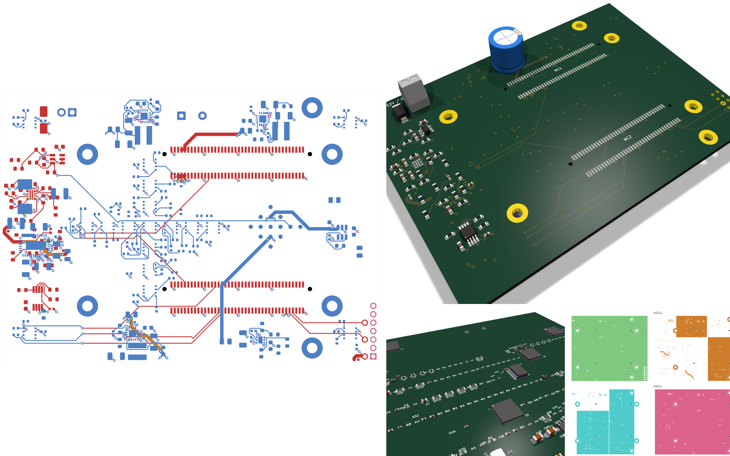 A collage of EchoMind PCB design views: Gen2 routed copper, four internal copper layers, an isometric Gen2 view, and a close 3D view of the signal board.