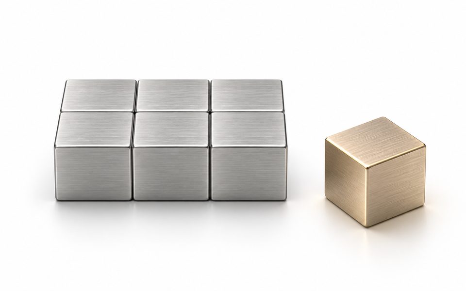 Concept illustration: six brushed-silver cubes form one block beside a separate champagne-gold cube on white.