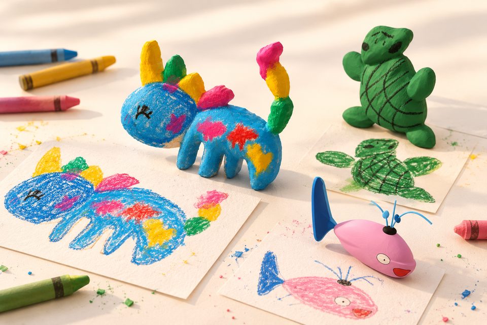 Warm AI visualization combining the original multicolor creature and turtle drawings with their existing 3D studies and a pink fish character.