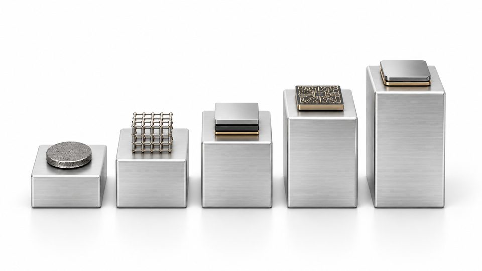 Five brushed-aluminium steps of increasing height on white, each carrying one object from a rough sensor disc to a finished polished module.