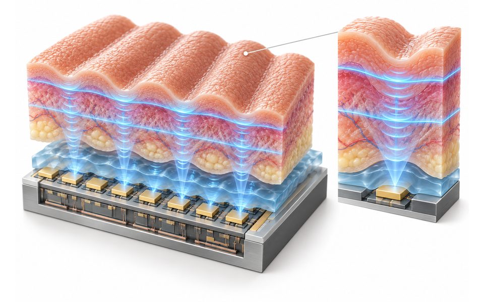 Schematic illustration of ultrasonic sensing at two depths, showing tissue ridges, an acoustic transducer array, and a magnified cutaway on a continuous white background.