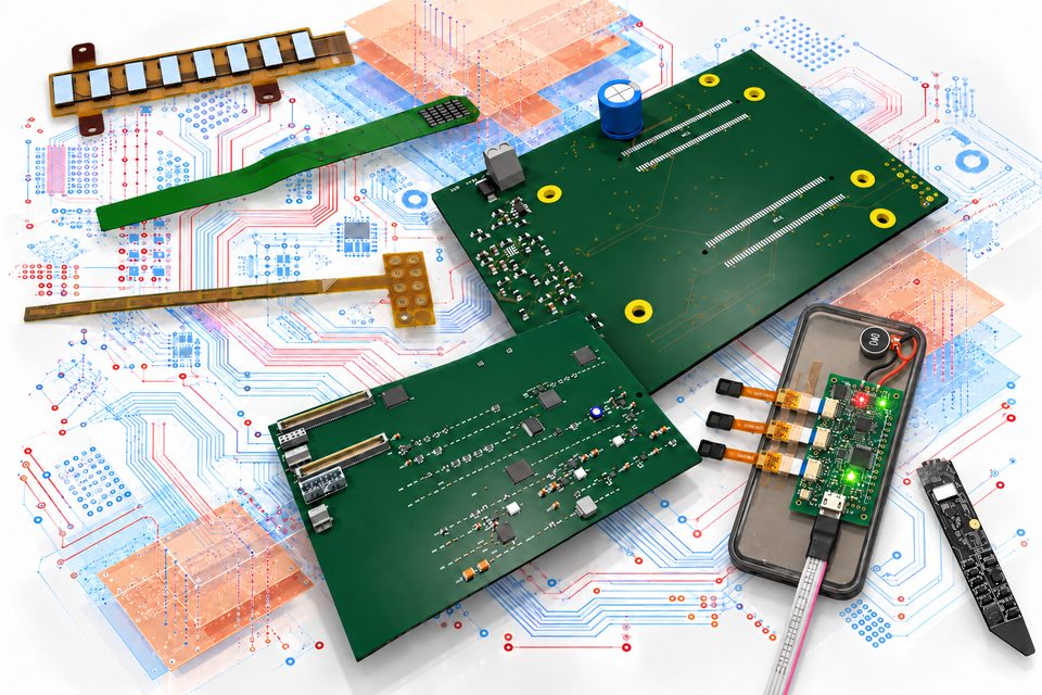 An integrated AI-generated scene based on the founder’s circuit boards and sensor FPCs, with shared lighting, connected assemblies and complex multilayer routing.