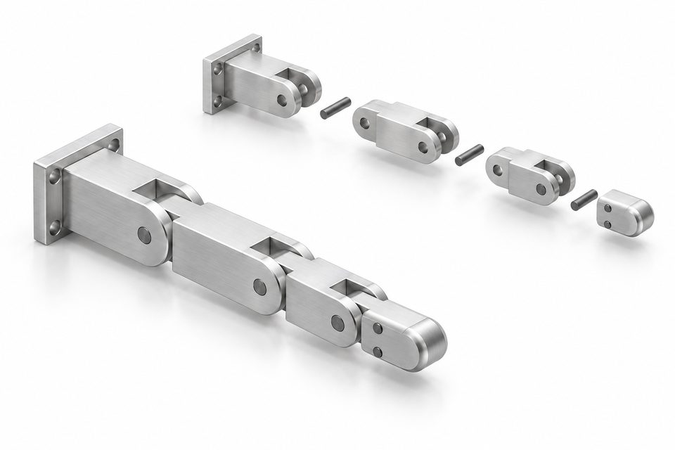 Styled visualization of the original three-joint robot finger geometry, with satin aluminum materials, assembled and exploded views.
