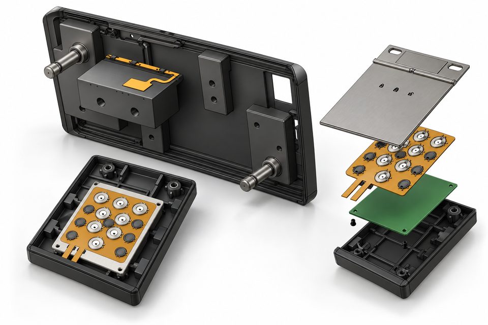 AI visualization combining original control-panel enclosure CAD with assembled and exploded sensor-button modules.