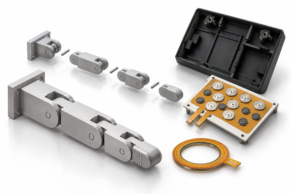 AI visualization combining the founder’s three-joint robotic finger CAD, exploded links, sensor-button housing and ring flex design.