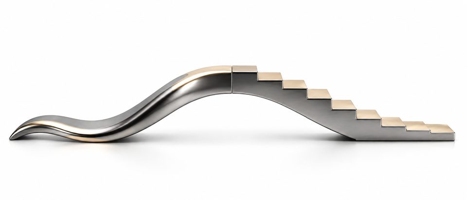 A single polished metal form on white whose left half is a smooth continuous wave and whose right half is the same wave quantised into crisp stair-steps.