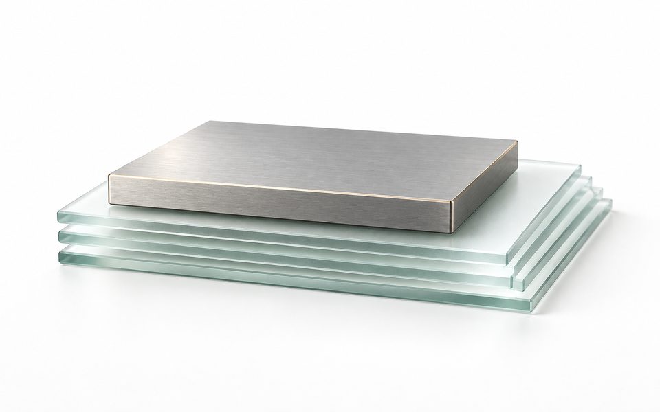 Four thin frosted-glass plates squared into a stepped stack on white, with a machined brushed-aluminium block resting squarely on top.