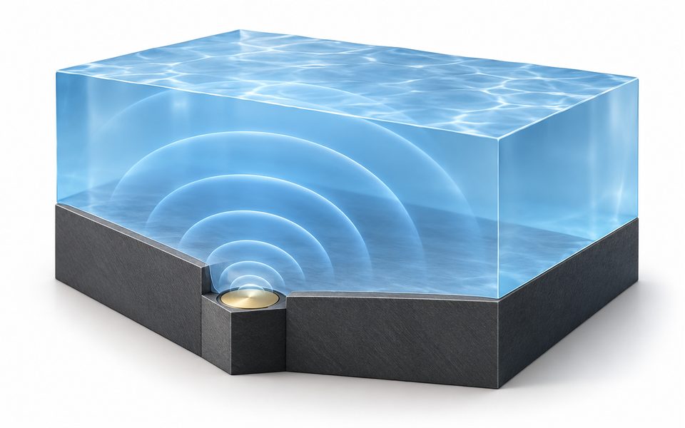 Qualitative illustration of curved acoustic wavefronts spreading from an ultrasonic membrane into a liquid volume.