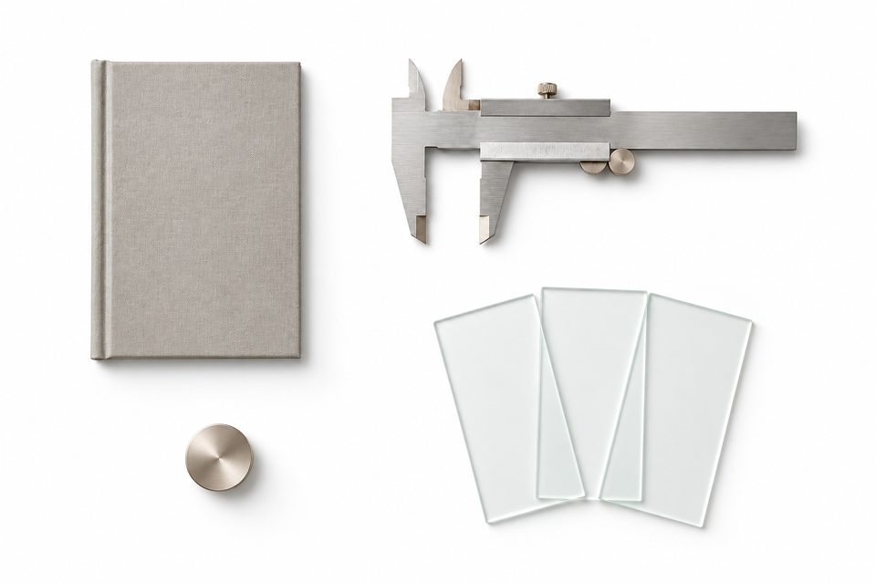 An overhead flat-lay on white of a closed hardbound notebook, a steel caliper opened to a small gap, three fanned frosted-glass slides and one small polished metal disc.