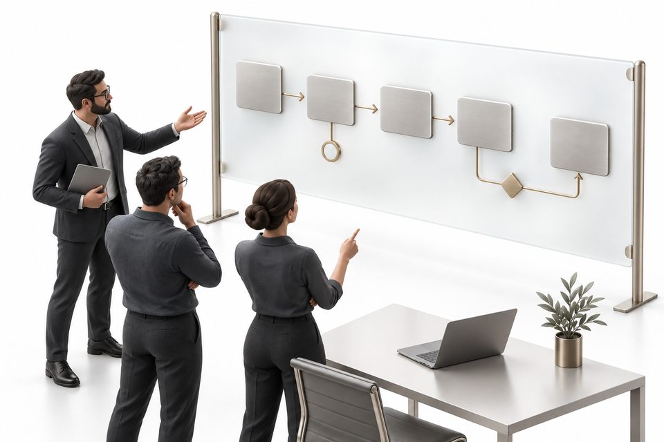 Concept illustration: a consultant and two engineers discuss blank workflow tiles connected on a frosted-glass board.