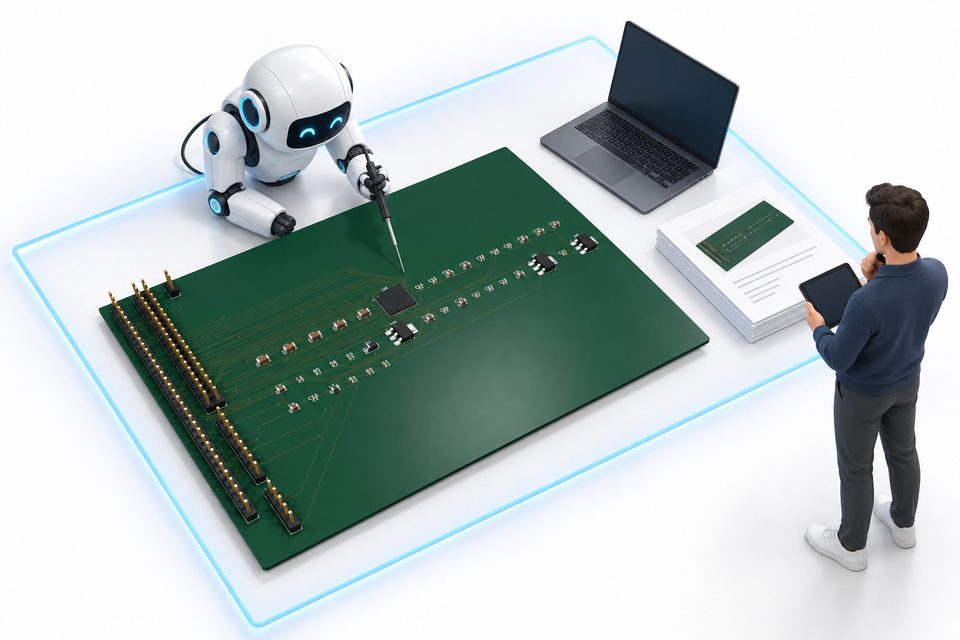 Illustration: a small robot works on a circuit board inside a glowing boundary on the floor while an engineer stands just outside it, holding a tablet.