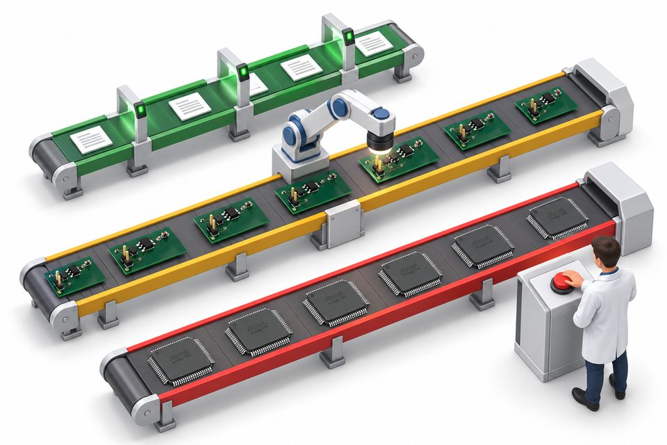 Illustration: three conveyor lanes, green with automatic check gates, amber with a reviewing robot, and red ending at an engineer whose hand rests on a release button.