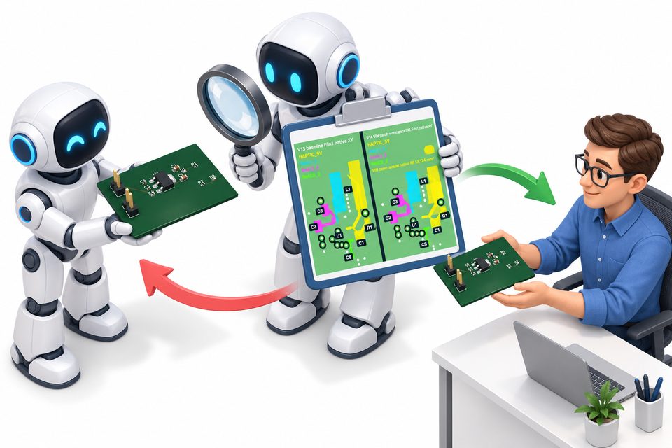 Illustration: one robot hands a circuit board to a second robot that inspects it with a magnifying glass against a checklist; a red arrow loops back for fixes and a green arrow leads to an engineer.