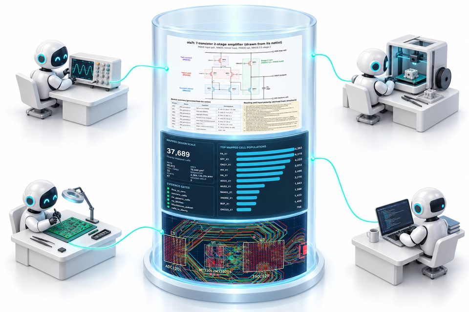 Illustration: four robots at separate engineering desks, each linked by a thin line to a specific page inside one shared glass cylinder of documents.