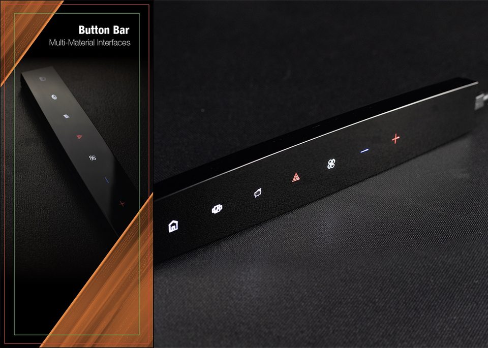 A slim black control bar mounted on an orange console panel, with five faint white icons lit along it.