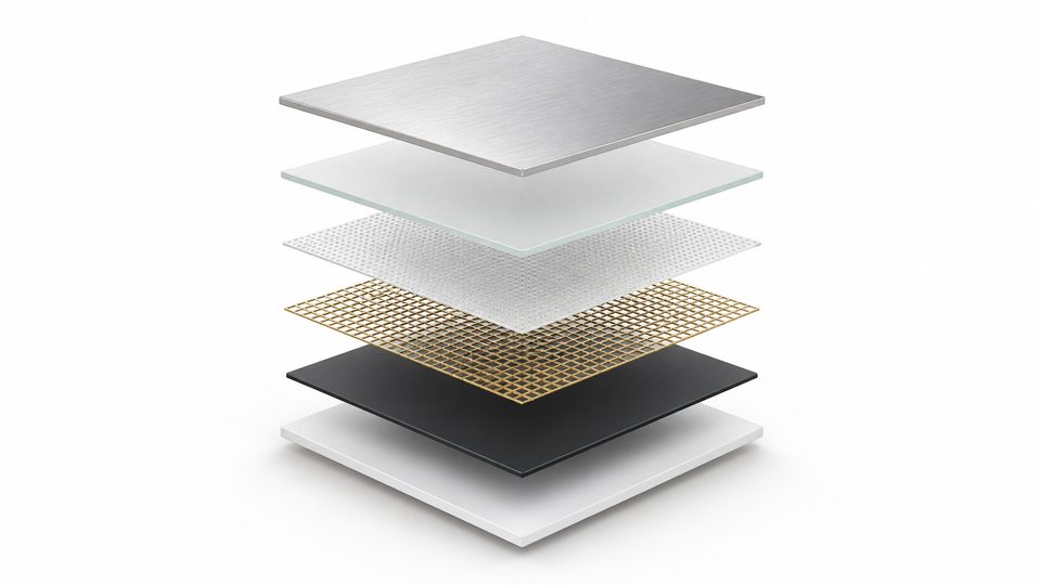 Six thin square layers floating apart above a white surface -- brushed metal, frosted glass, a dotted membrane, a gold lattice, a dark plate, and a white base.
