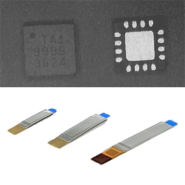 A macro of a small sensor package beside three flexible printed-circuit sensor tails with gold contact pads.