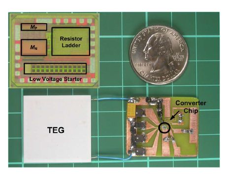 A published photograph of the energy-harvesting test board: the converter chip, a thermoelectric generator, and a coin for scale.