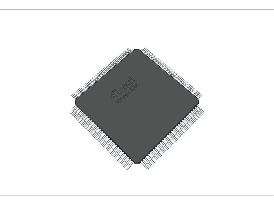 A rendering of a dark square quad-flat package with fine leads on all four sides.