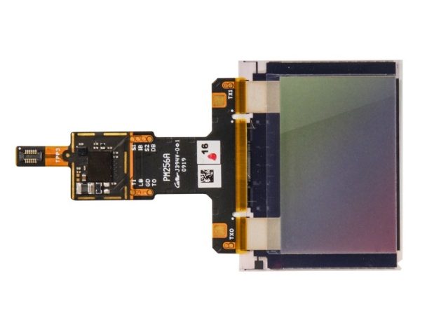 A fingerprint sensor module on a black flexible circuit, the sensor die at one end and its connector tail at the other.