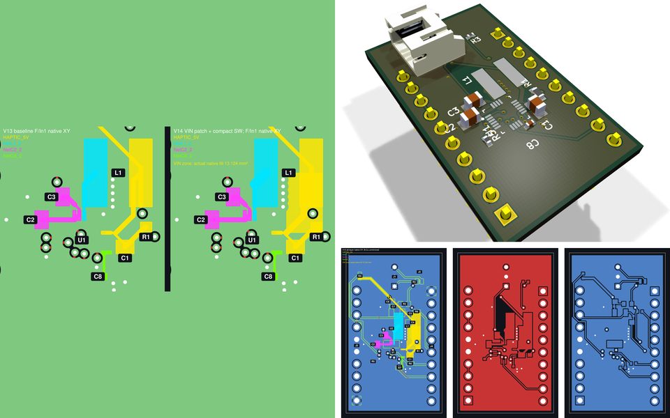 A mosaic of the haptic-driver power-stage rework: the before-and-after copper comparison, every copper layer of the revised board, its labelled power nets, and 3D renders of both sides.