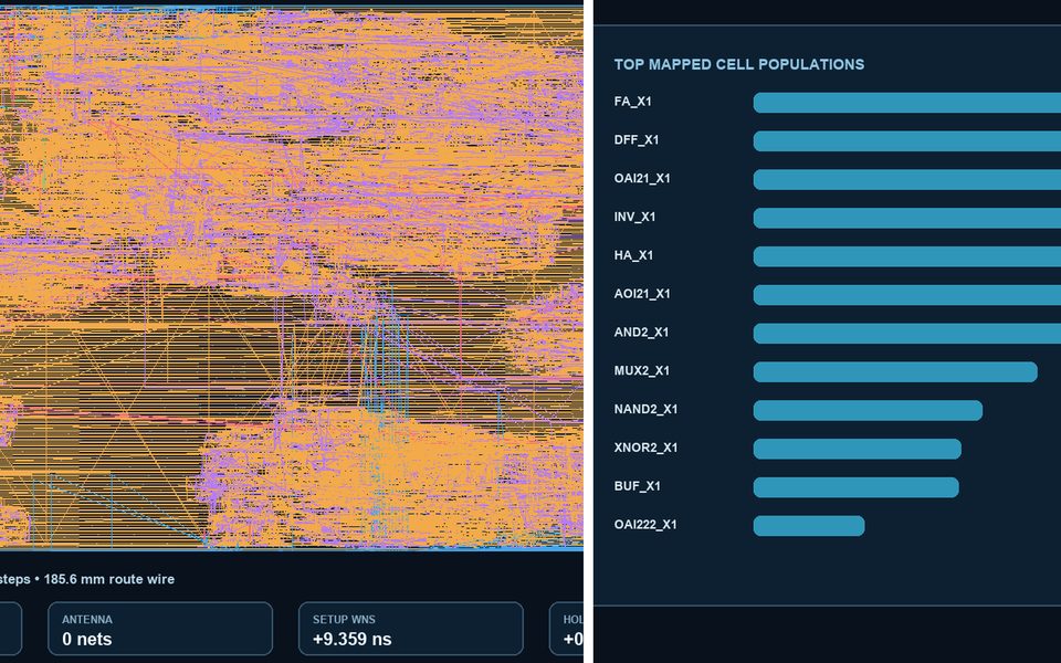 A placed-and-routed digital layout in orange and violet wiring beside a synthesis dashboard ranking the mapped cell populations of a 37,689-cell design.