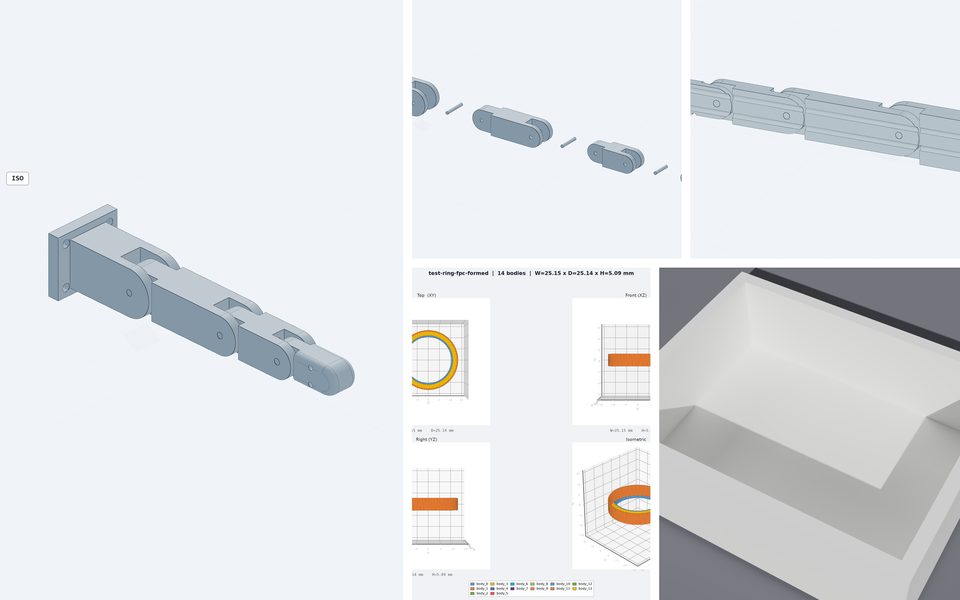 A mosaic of parts the mechanical agent modelled: a tendon-driven robot finger in isometric, exploded, section, and dimensioned-drawing views, sensor cradles, a test jig, an enclosure, and a ring flex circuit.