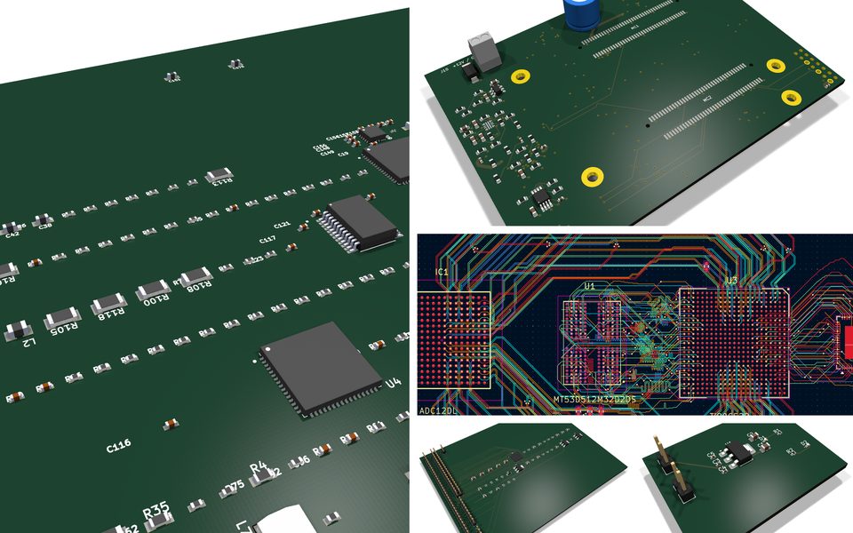Circuit boards the EE agent designed: a close 3D render of a multi-channel 3D-sonar board it placed, a second sonar board, a dense multi-layer routing view, an eight-channel piezo transmit-and-receive board, and a four-layer development kit.