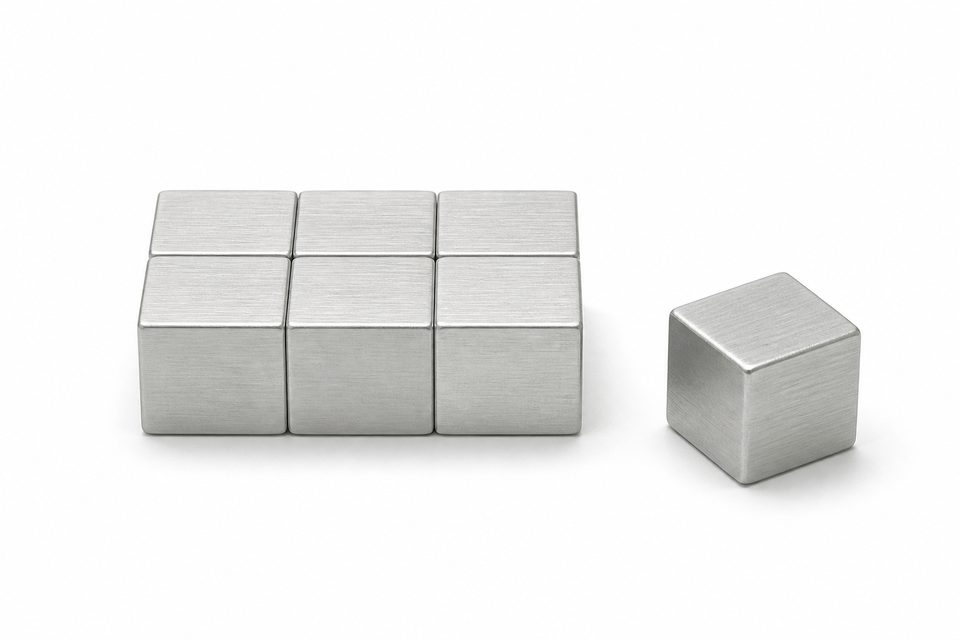 Seven identical small brushed-aluminium cubes on white, six assembled into a tight block and the seventh sitting apart from the group, slightly rotated.