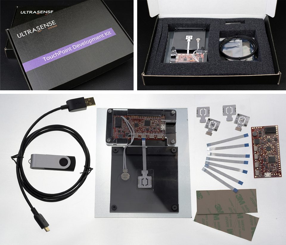 The contents of a development kit laid out on white -- a cable, a boxed controller board, a row of small sensor samples and a set of adhesive test coupons.