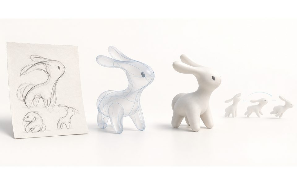 Concept illustration of an invented creature shown on a sketch sheet, as a translucent model study, and as a matte toy-scale figure beside three motion poses.