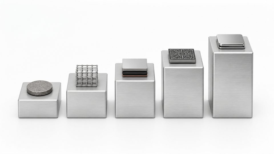Five brushed-aluminium steps of increasing height on white, each carrying one object from a rough sensor disc to a finished polished module.