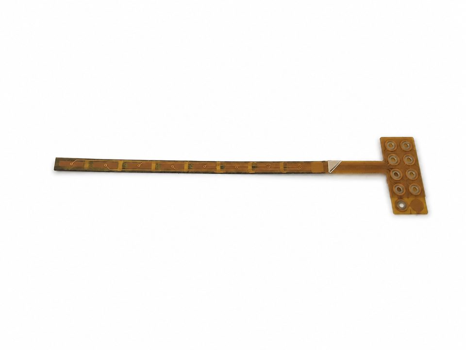 A T-shaped flexible printed-circuit sensor strip with an eight-pad gold connector array at one end, on a clean white ground.