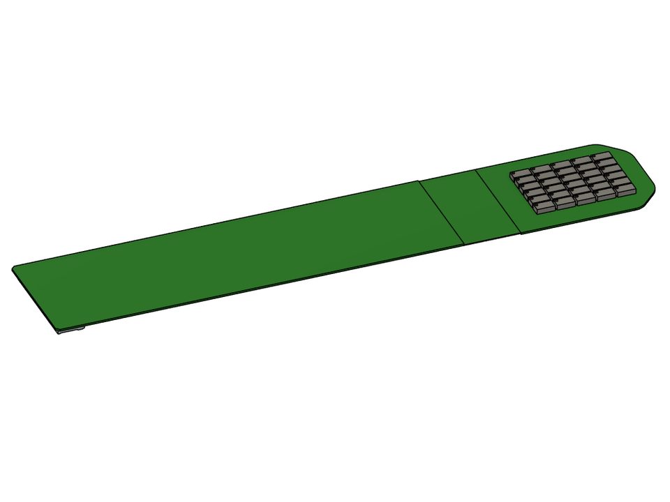 A rendering of a long narrow green flexible circuit strip carrying a grid of sensing pads at one end.