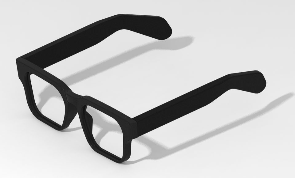 A pair of thick-rimmed black smart glasses seen at three-quarter angle against white.