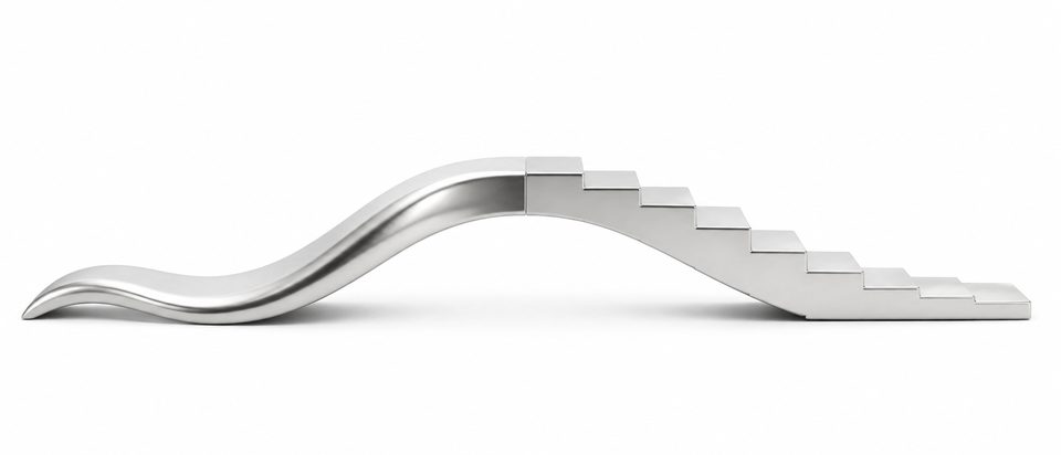 A single polished metal form on white whose left half is a smooth continuous wave and whose right half is the same wave quantised into crisp stair-steps.