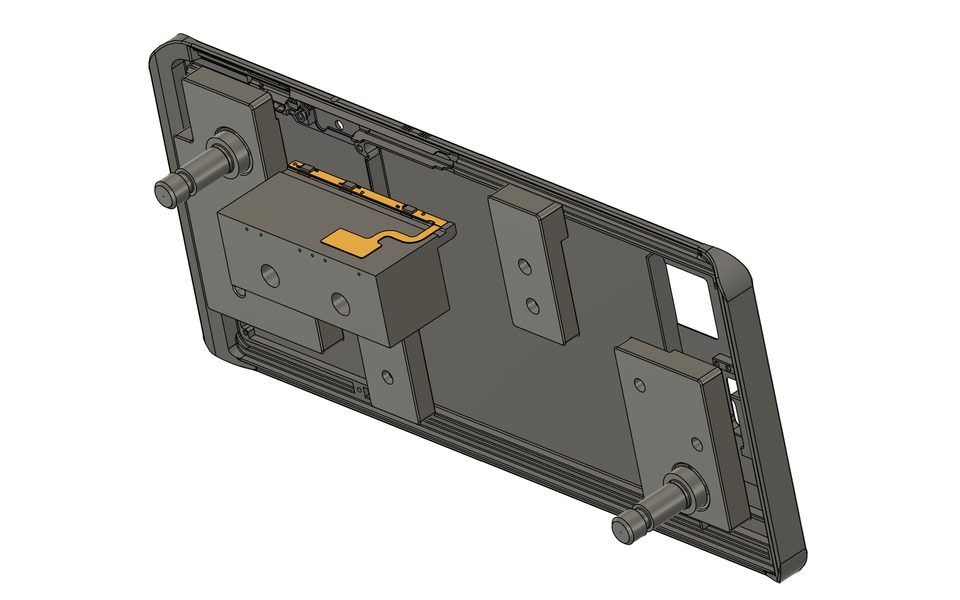 A CAD view into the back of a control-panel module -- moulded housing with mounting bosses and locating pins, a sensor carrier bracket, and a routed flexible circuit running to the board inside it.