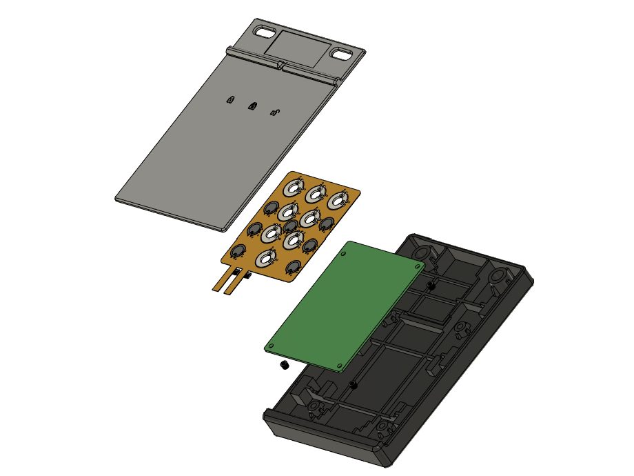 An exploded view of a touch-on-metal module -- metal front surface, a sensor array on flexible circuit, the board beneath it, and the housing they mount into.