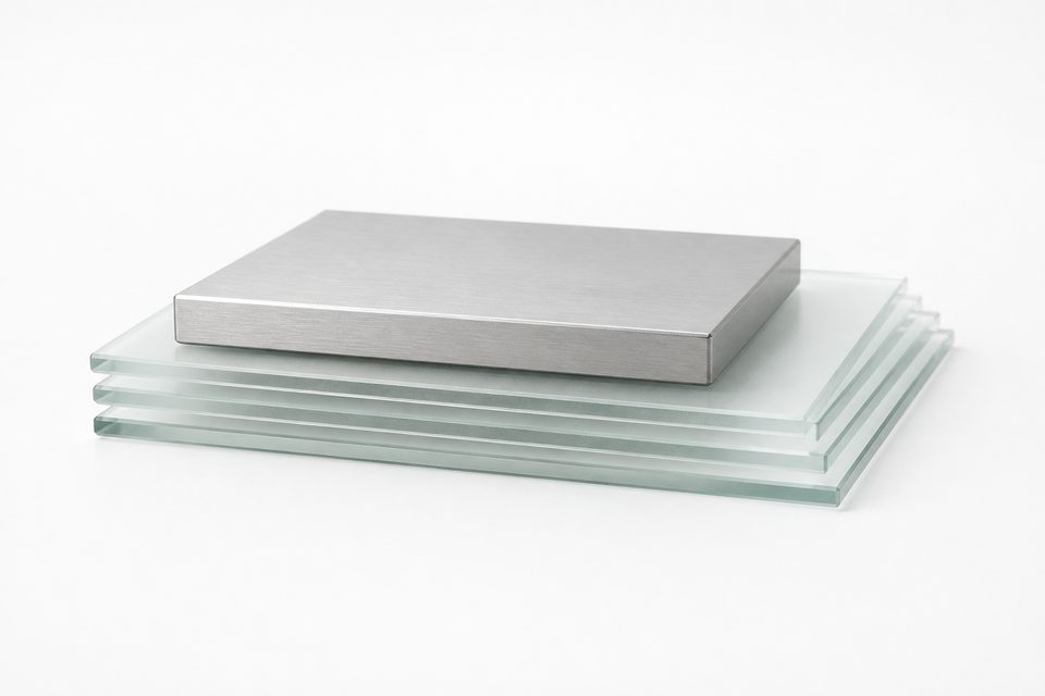 Four thin frosted-glass plates squared into a stepped stack on white, with a machined brushed-aluminium block resting squarely on top.